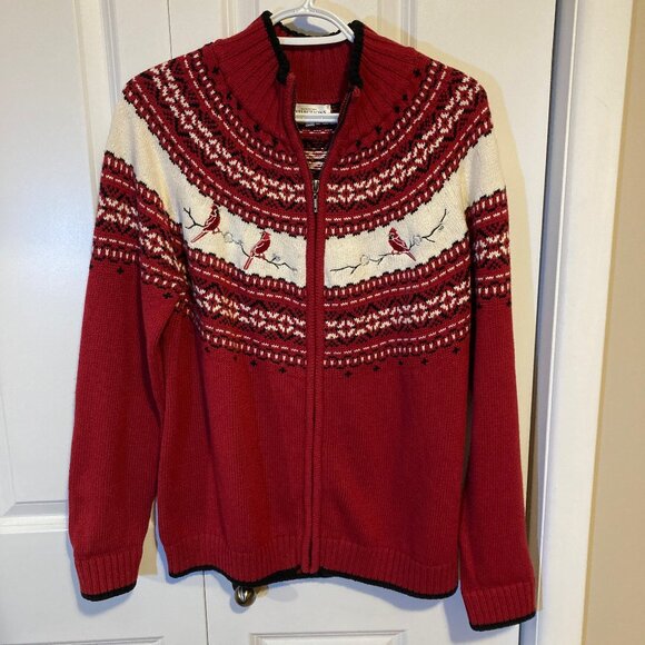 Northern Reflections Winter Cardinal Bird Theme Zip Up Sweater, Size Large - Picture 1 of 7